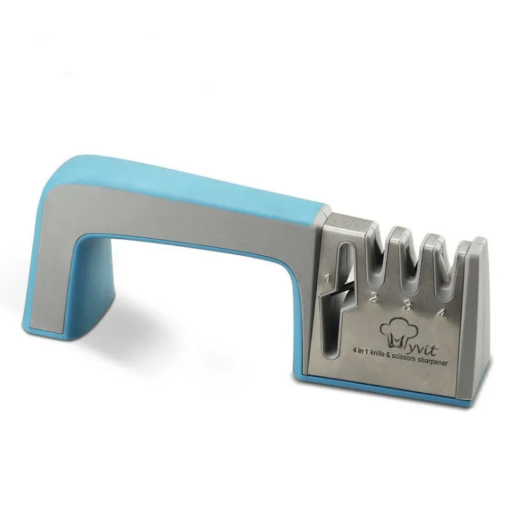 4-in-1 kitchen knife sharpener with TPR handle showing diamond, ceramic and tungsten steel grinding elements