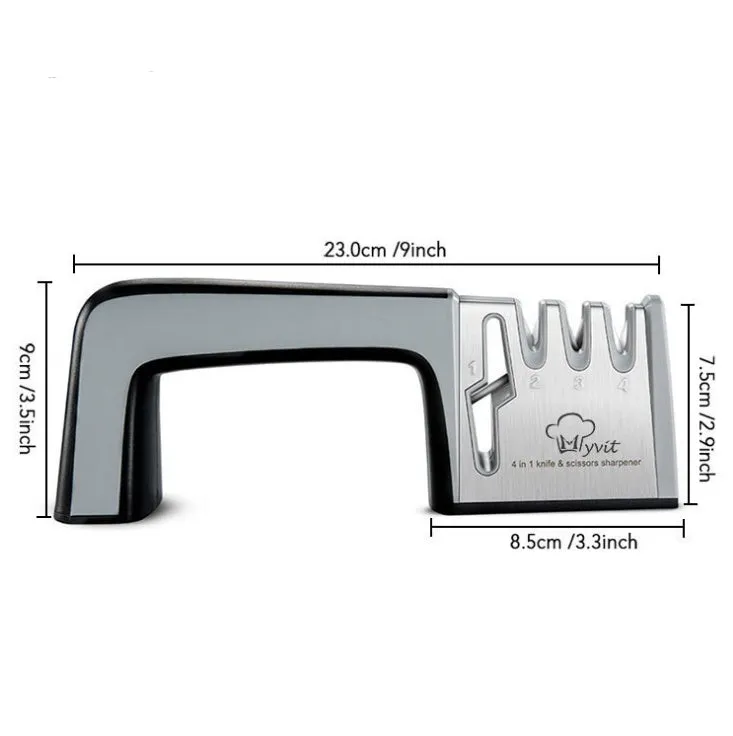 4-in-1 kitchen knife sharpener with TPR handle showing diamond, ceramic and tungsten steel grinding elements