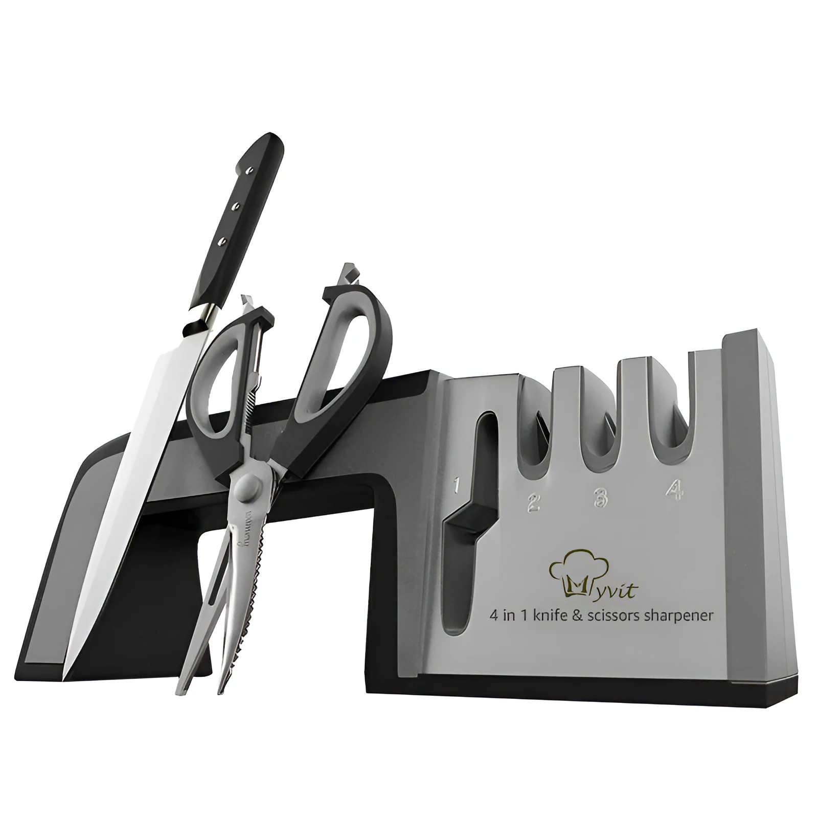 4-in-1 kitchen knife sharpener with TPR handle showing diamond, ceramic and tungsten steel grinding elements