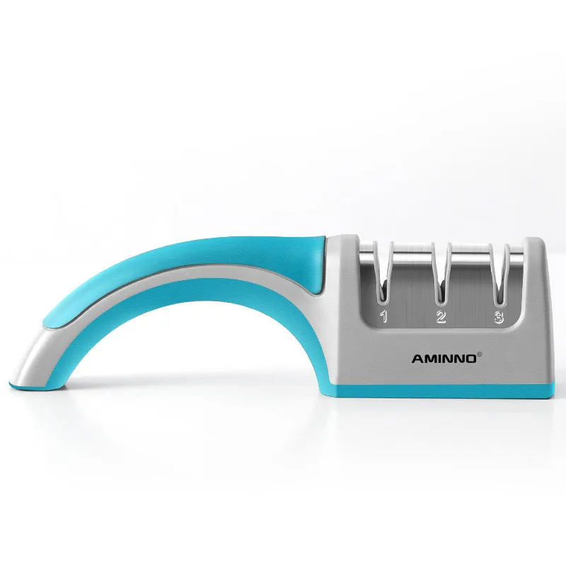 4-in-1 kitchen knife sharpener with TPR handle showing diamond, ceramic and tungsten steel grinding elements