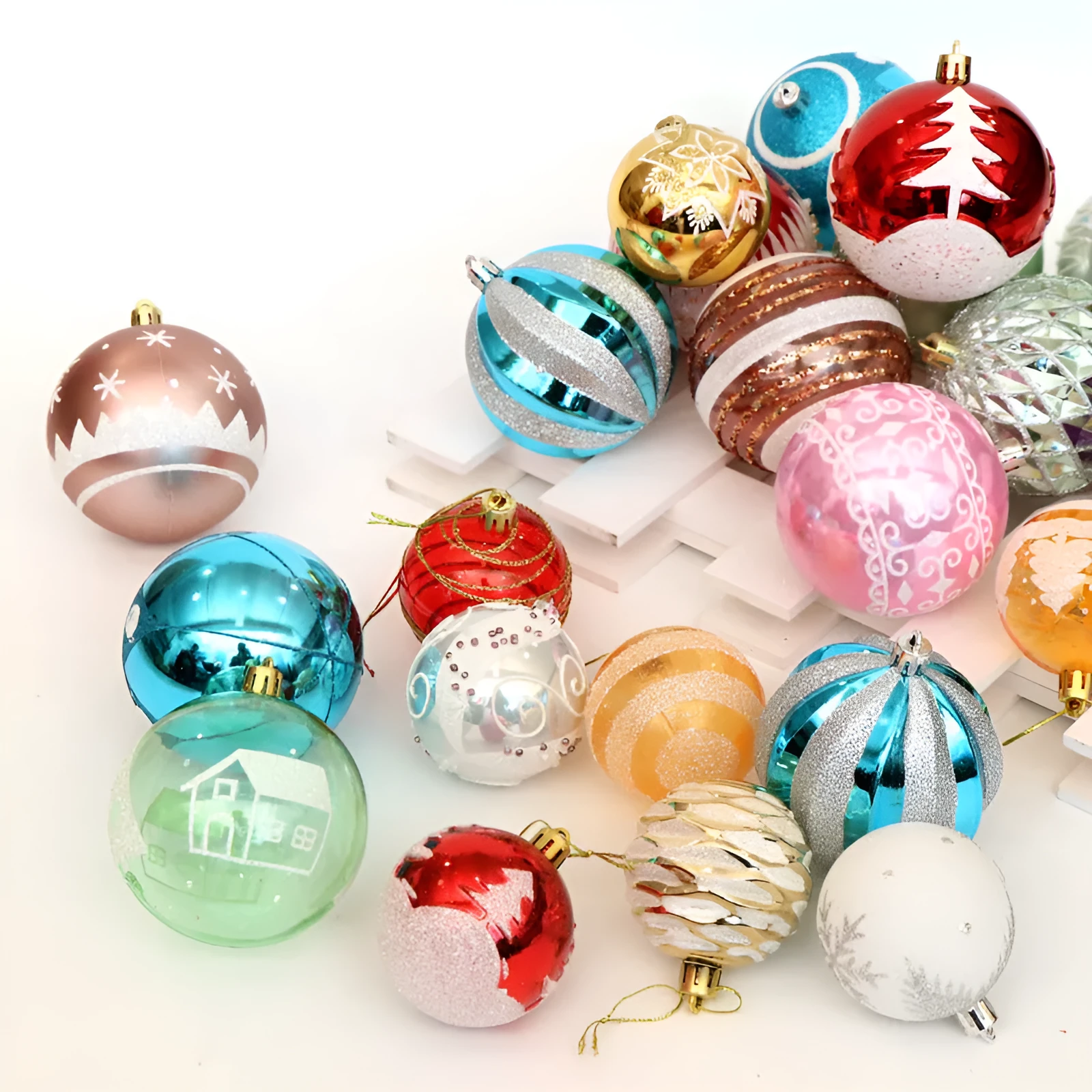 6cm hand-painted Christmas tree baubles in various colours including silver white, gold, red, and blue