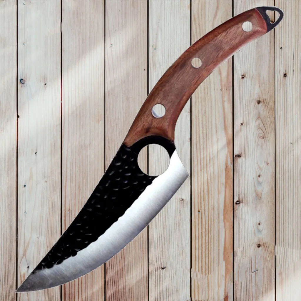 Small curved scimitar butcher knife and boning knife set with leather sheath