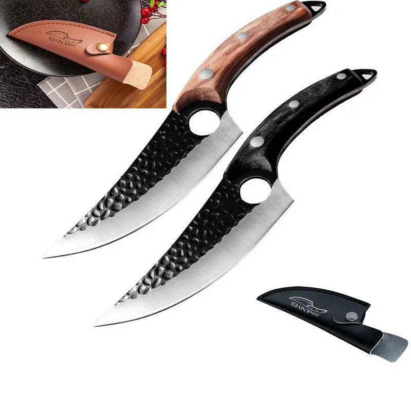 Small curved scimitar butcher knife and boning knife set with leather sheath
