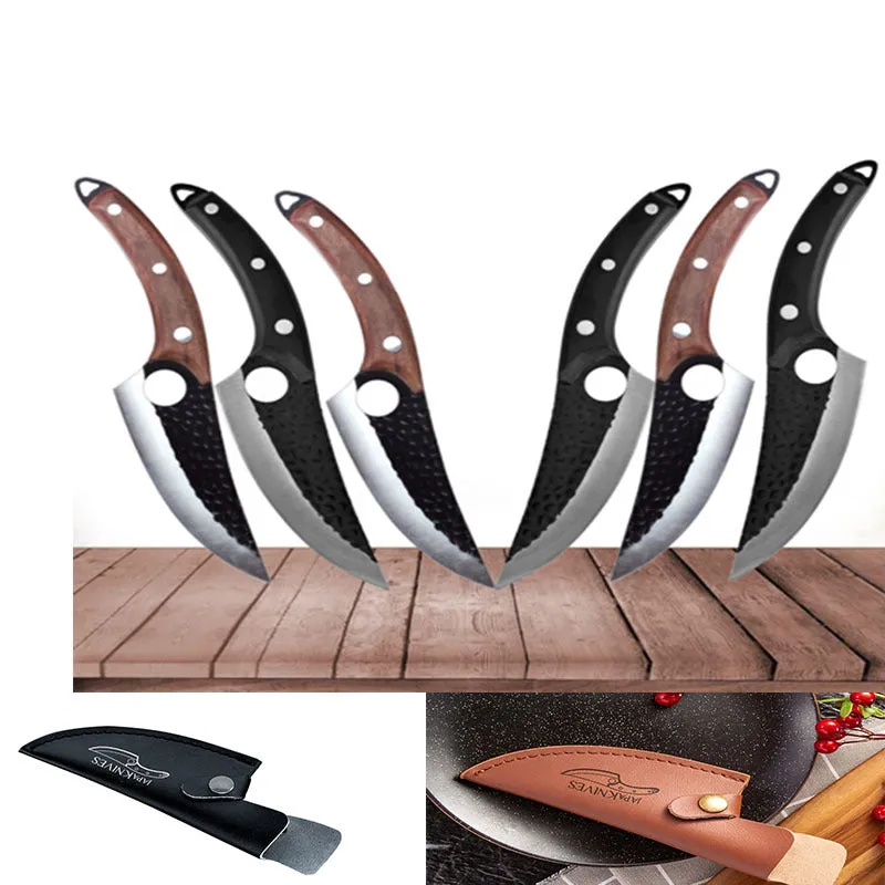 Small curved scimitar butcher knife and boning knife set with leather sheath