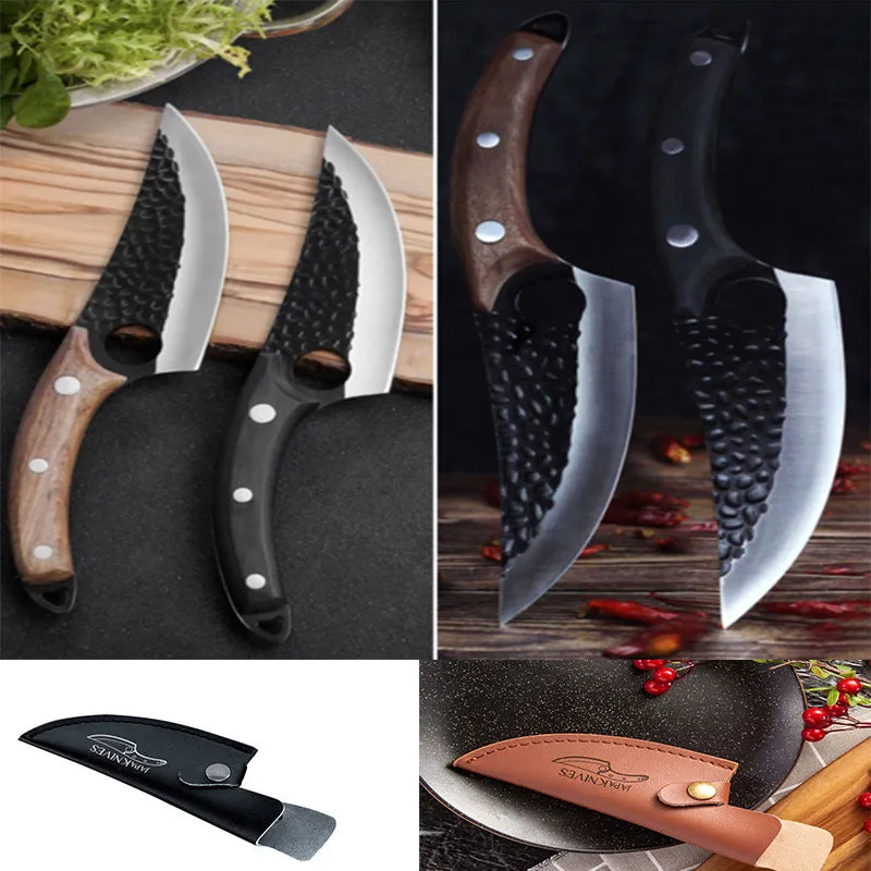 Small curved scimitar butcher knife and boning knife set with leather sheath