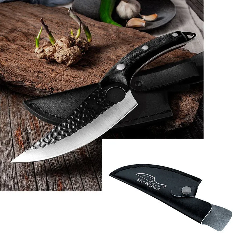 Small curved scimitar butcher knife and boning knife set with leather sheath