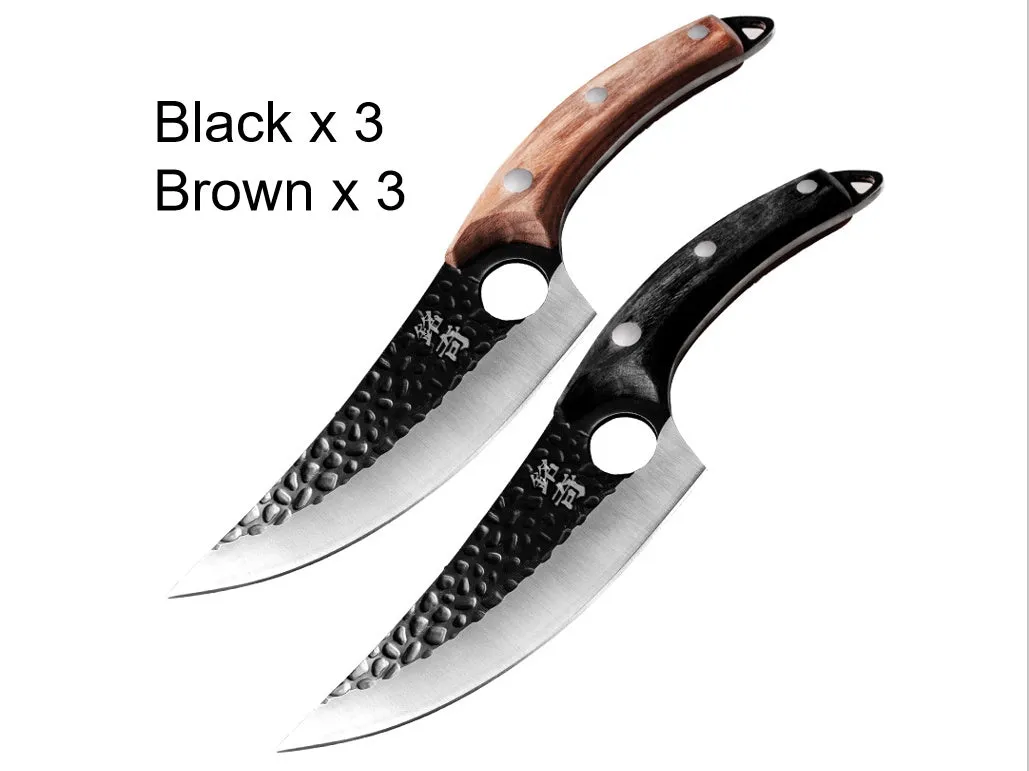 Small curved scimitar butcher knife and boning knife set with leather sheath