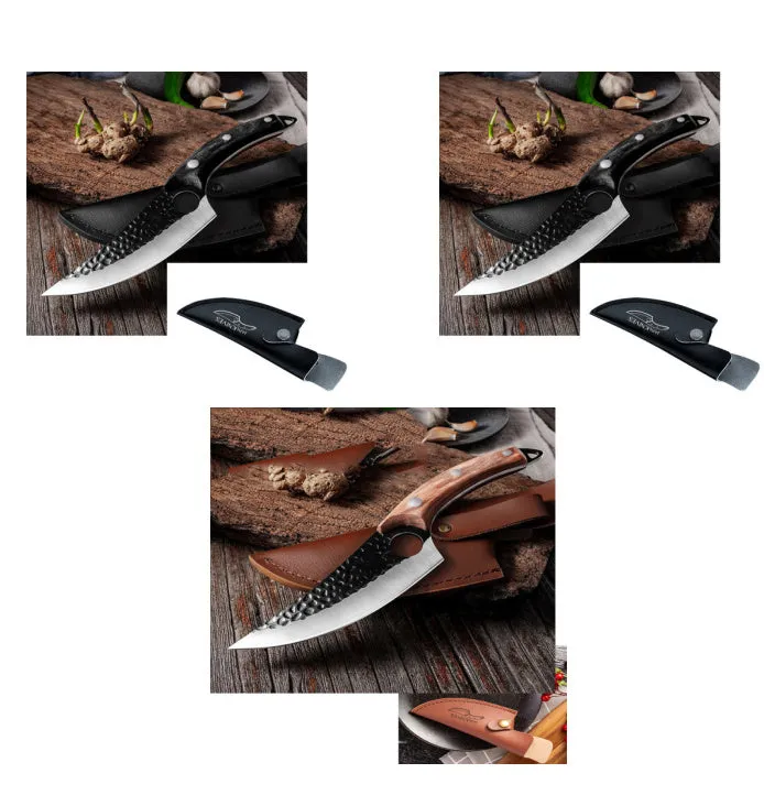 Small curved scimitar butcher knife and boning knife set with leather sheath
