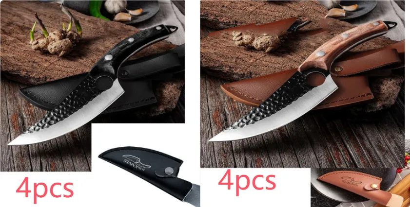 Small curved scimitar butcher knife and boning knife set with leather sheath