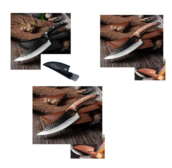 Small curved scimitar butcher knife and boning knife set with leather sheath