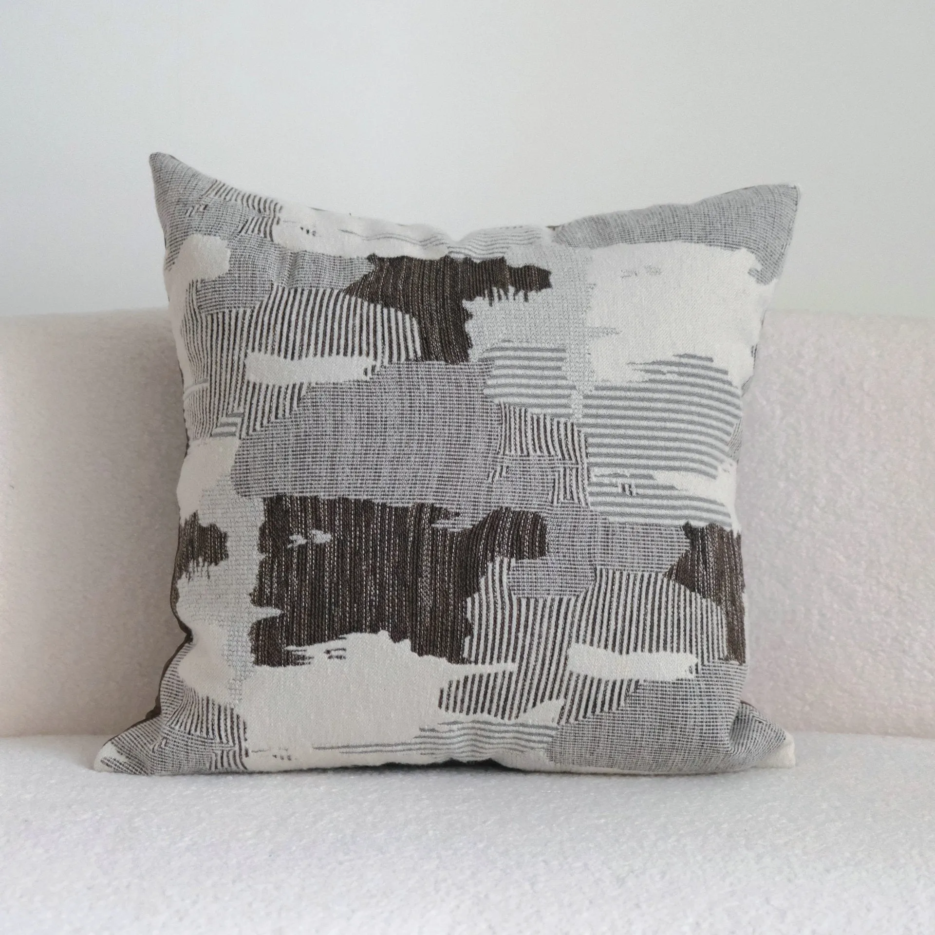 Coffee brown striped mid-century cushion pillow on sofa in square and rectangular sizes