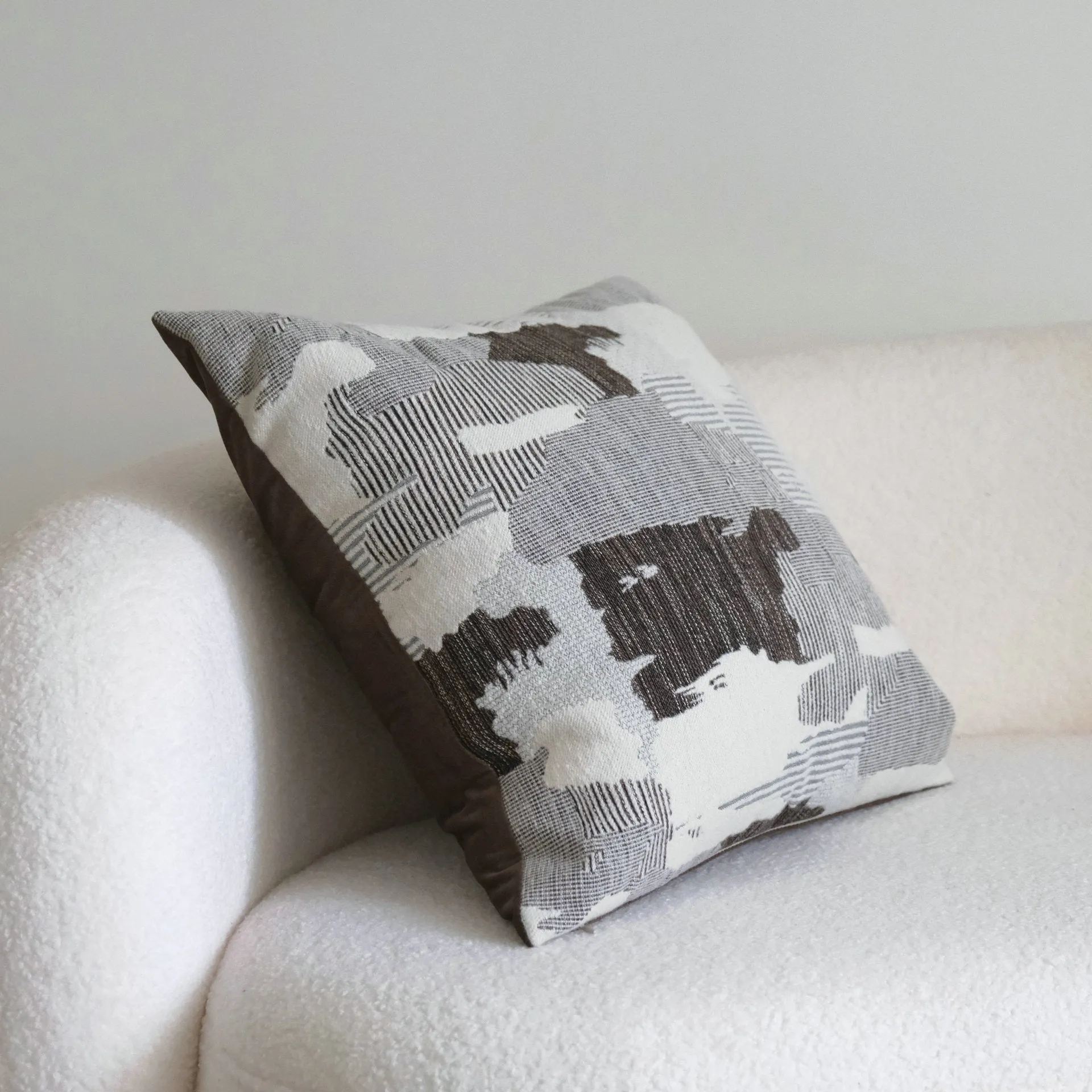Coffee brown striped mid-century cushion pillow on sofa in square and rectangular sizes