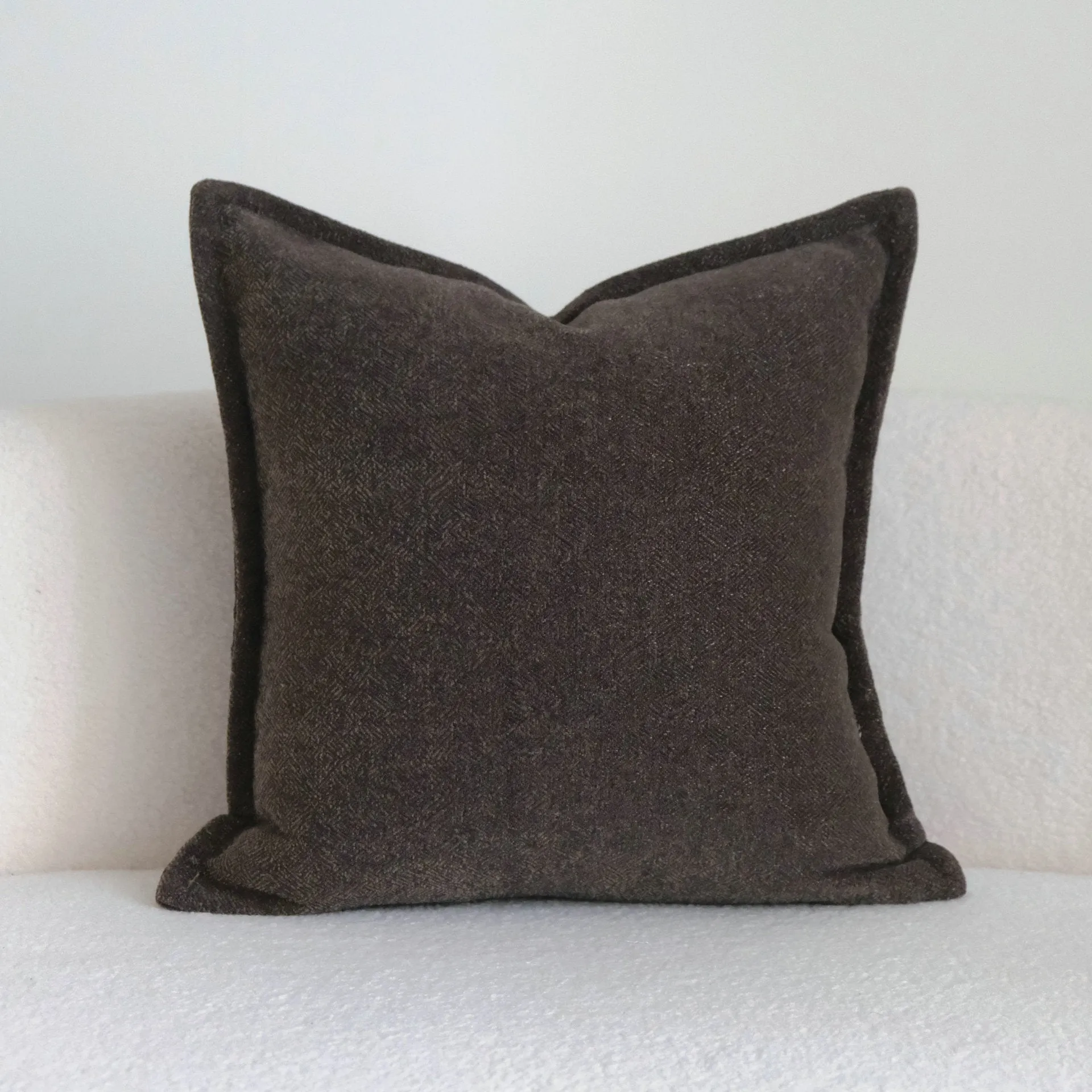 Coffee brown striped mid-century cushion pillow on sofa in square and rectangular sizes