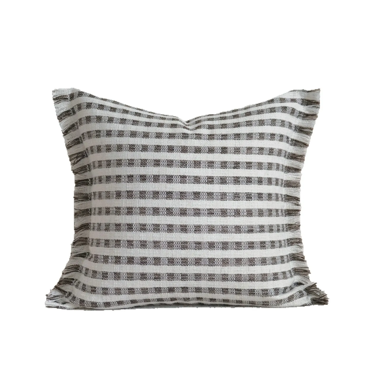 Coffee brown striped mid-century cushion pillow on sofa in square and rectangular sizes