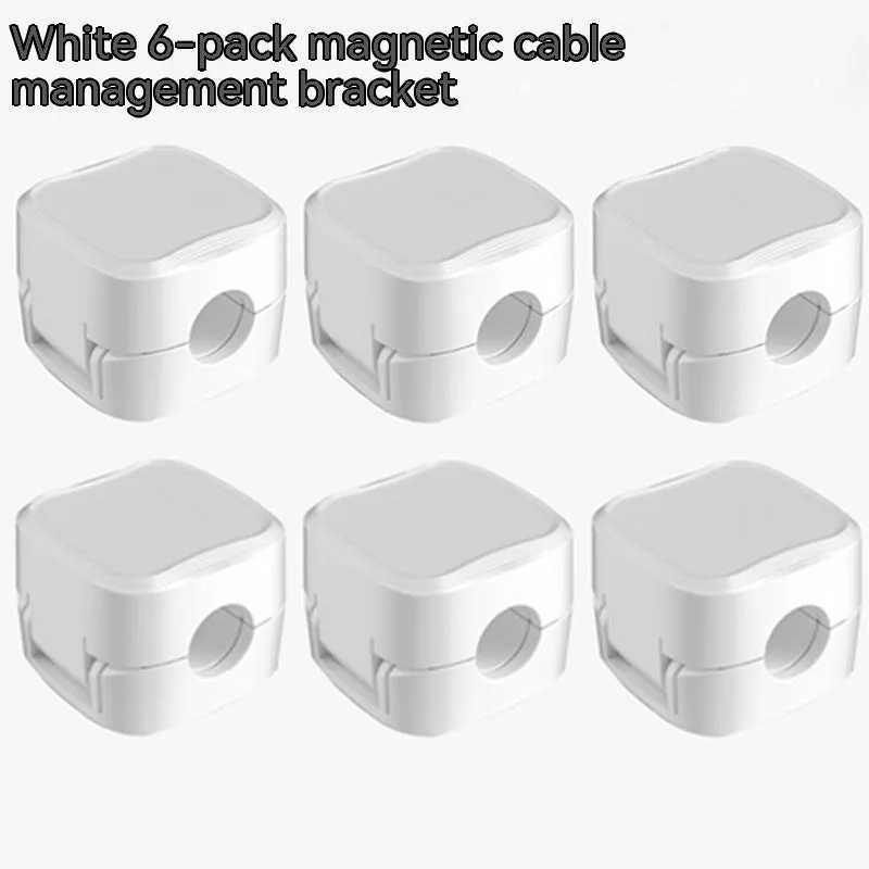 White and black magnetic cable clips with adhesive backing organising multiple cables under a desk