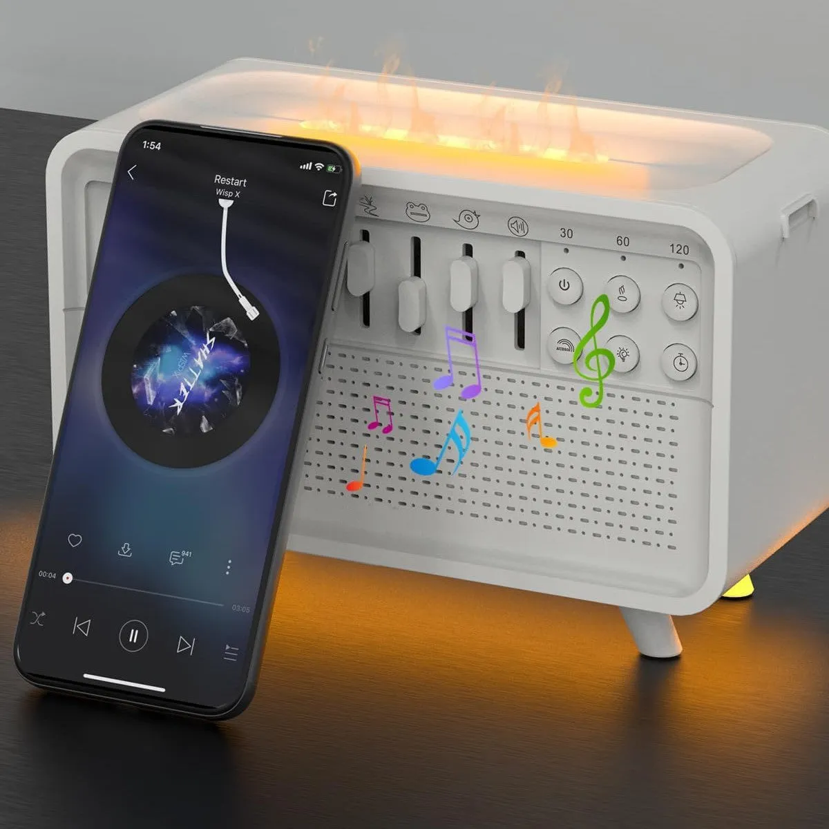 White geometric 3-in-1 sleep machine with humidifier, Bluetooth speaker and night light functions