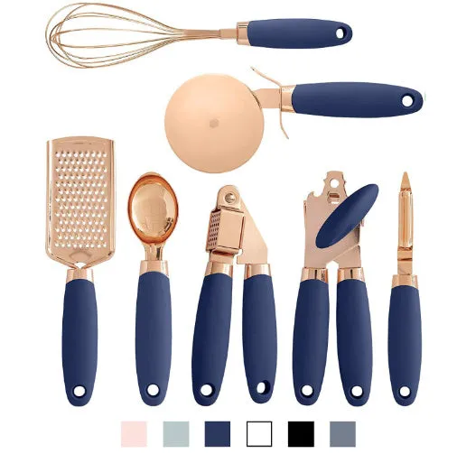 Stainless steel kitchen gadgets 7 piece set including bottle openers and can opener in a box.