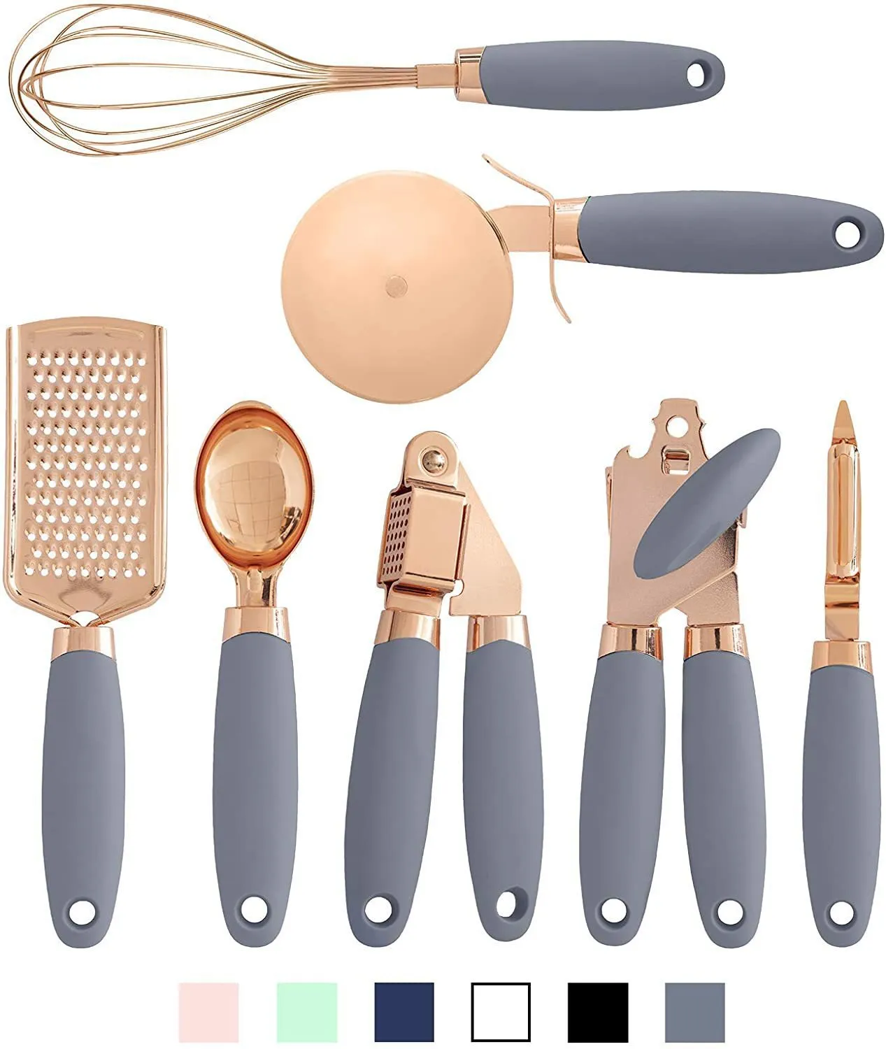 Stainless steel kitchen gadgets 7 piece set including bottle openers and can opener in a box.