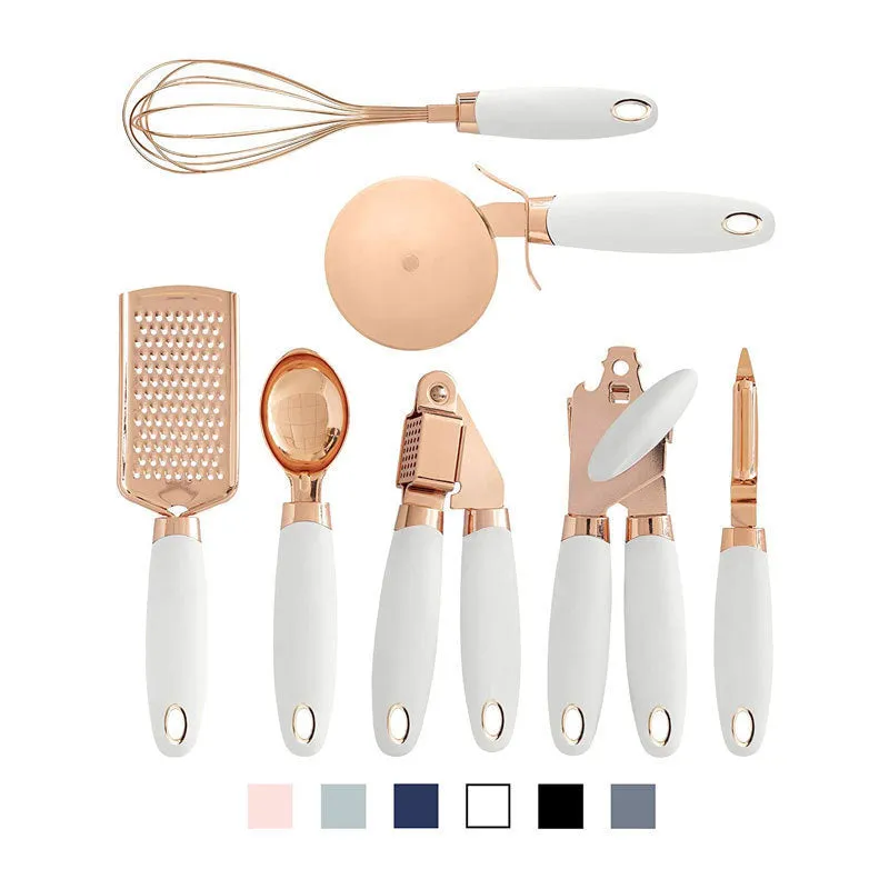 Stainless steel kitchen gadgets 7 piece set including bottle openers and can opener in a box.