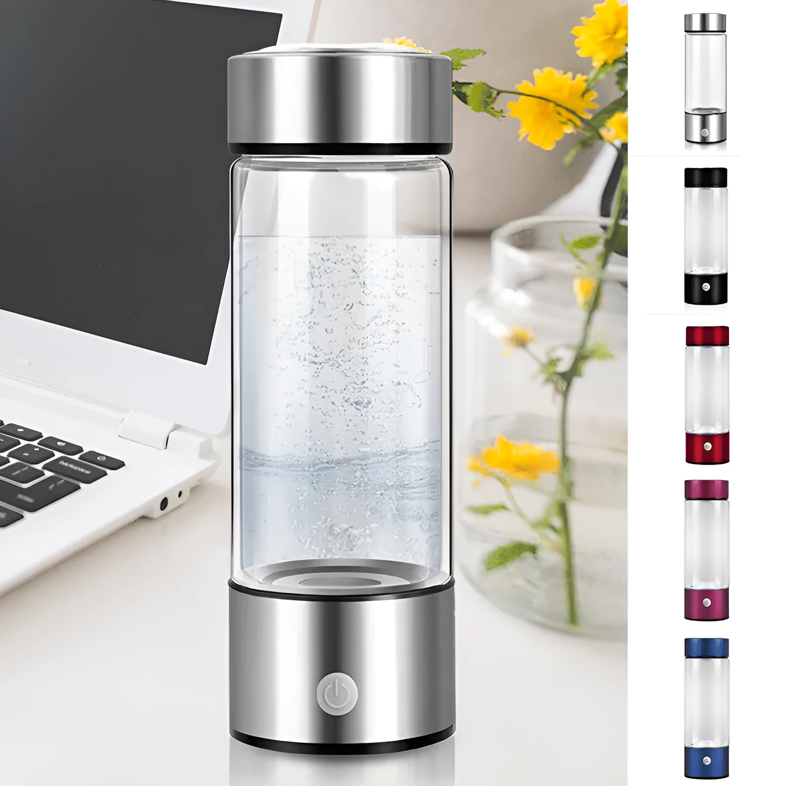 Portable hydrogen water generator bottle with borosilicate glass construction and electric hydrogen production