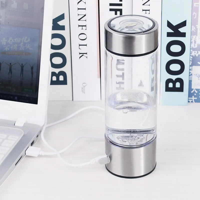 Portable hydrogen water generator bottle with borosilicate glass construction and electric hydrogen production