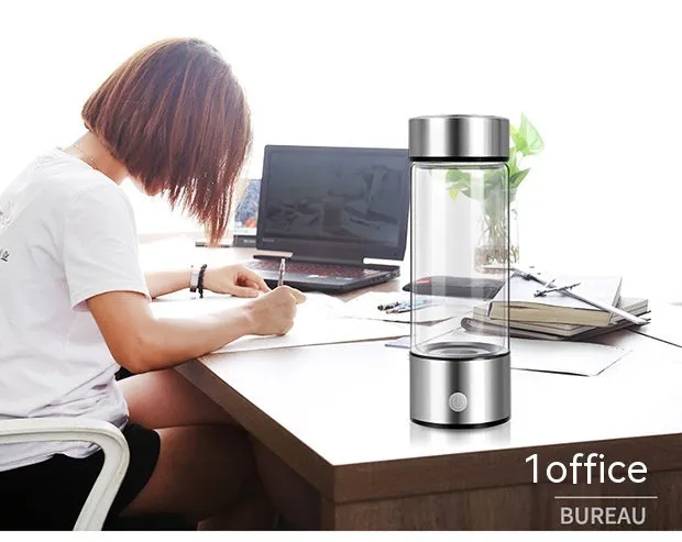 Portable hydrogen water generator bottle with borosilicate glass construction and electric hydrogen production
