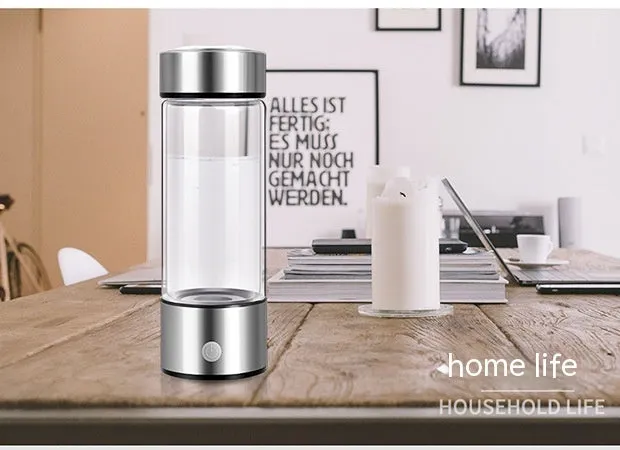 Portable hydrogen water generator bottle with borosilicate glass construction and electric hydrogen production