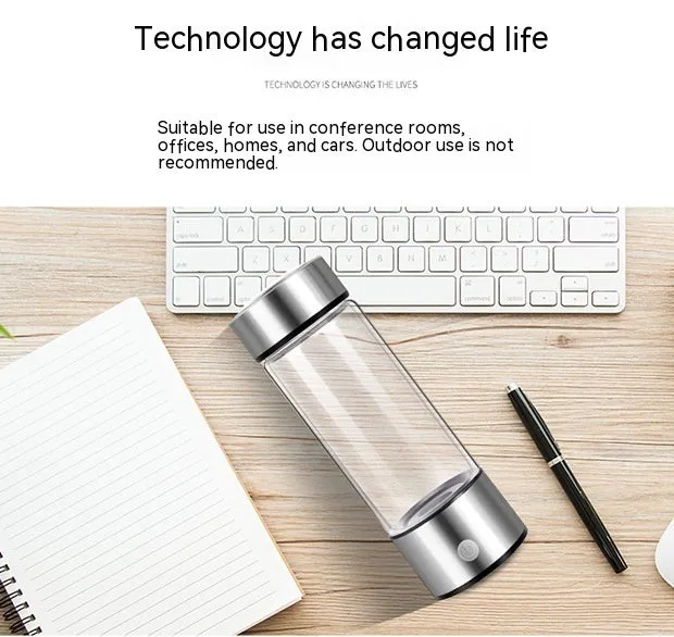 Portable hydrogen water generator bottle with borosilicate glass construction and electric hydrogen production