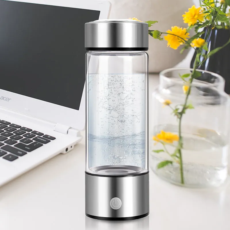 Portable hydrogen water generator bottle with borosilicate glass construction and electric hydrogen production