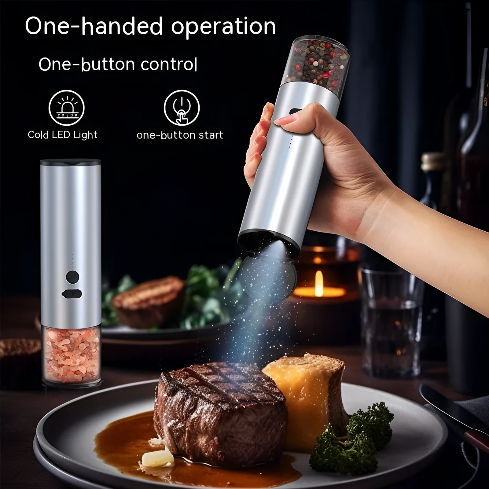 USB rechargeable electric salt and pepper grinder with clear glass jar and stainless steel top