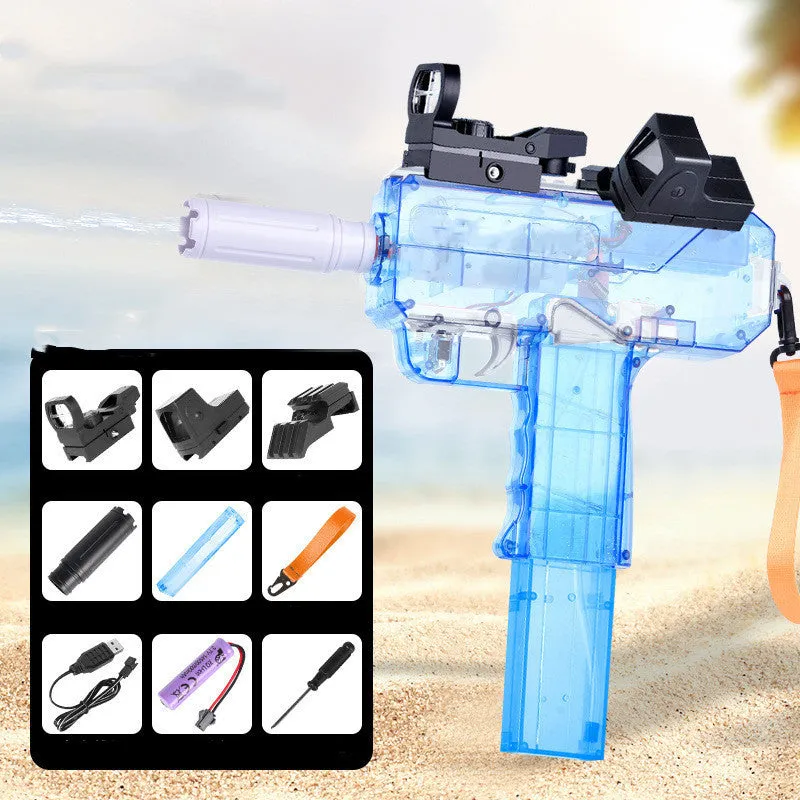 Uzi style electric water gun toy with transparent blue plastic body and attached holographic sight