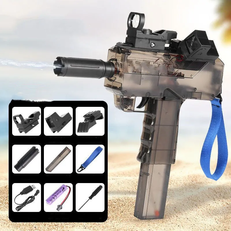 Uzi style electric water gun toy with transparent blue plastic body and attached holographic sight
