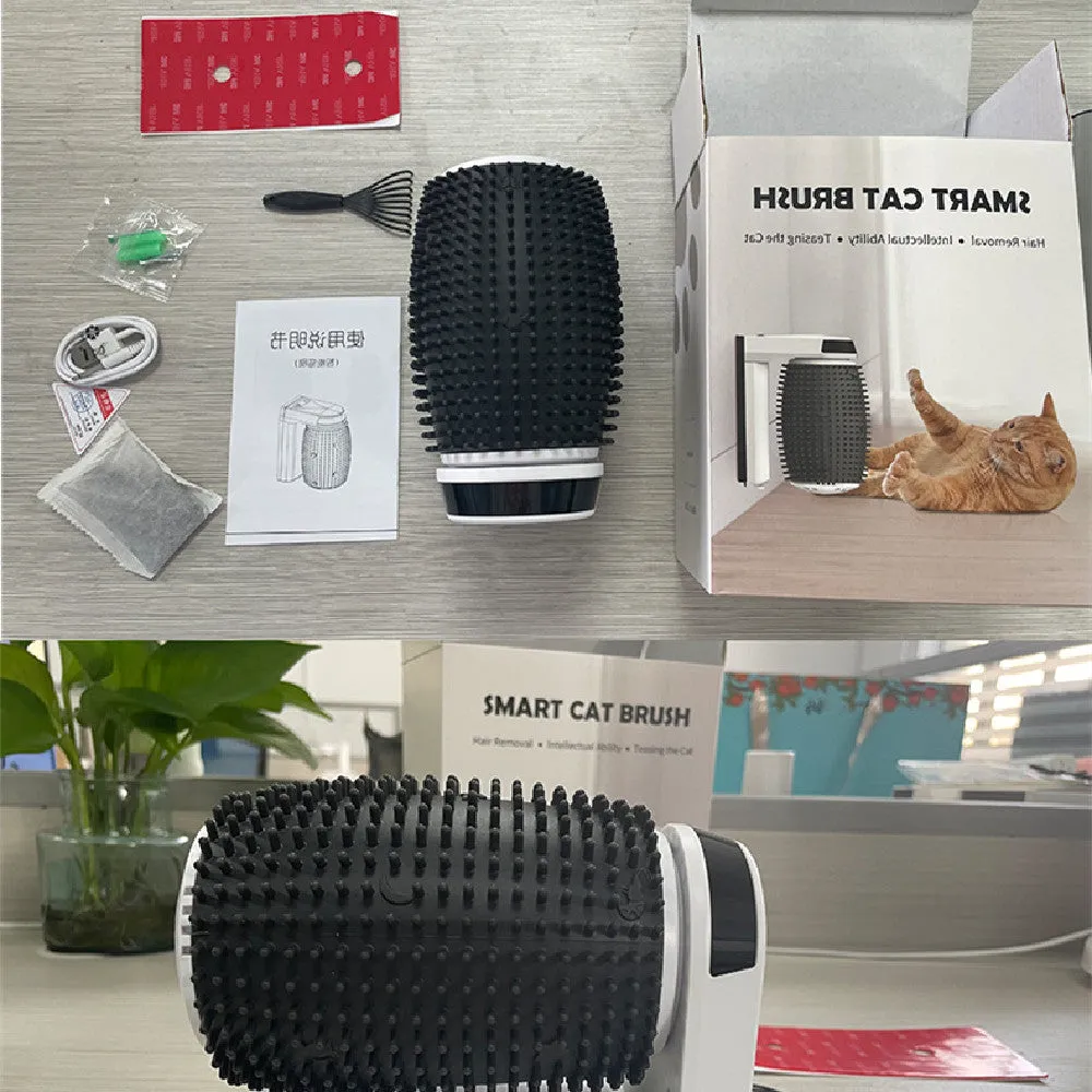 White automatic cat self groomer brush mounted in corner with soft silicone bristles