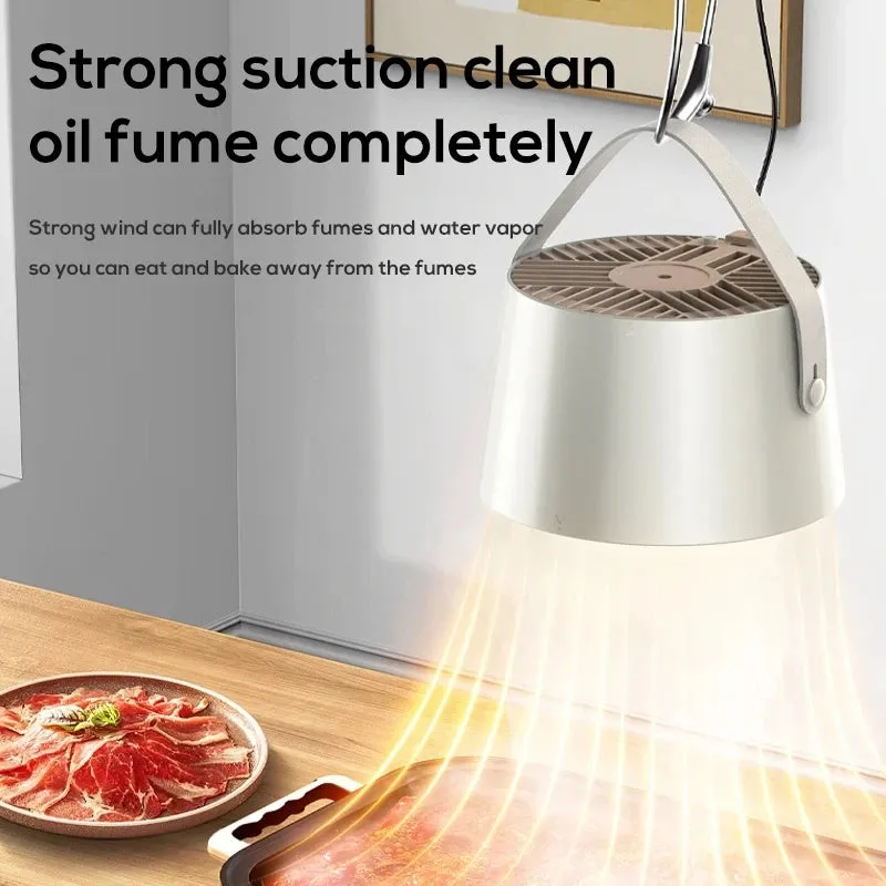 Milk white portable desktop exhaust fan with USB cable and removable filter on a kitchen countertop
