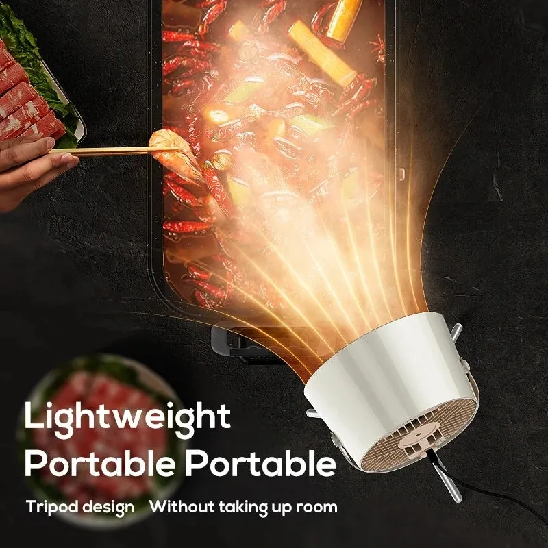 Milk white portable desktop exhaust fan with USB cable and removable filter on a kitchen countertop