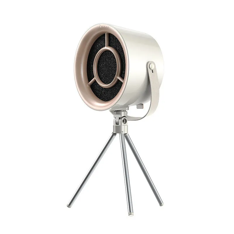 Milk white portable desktop exhaust fan with USB cable and removable filter on a kitchen countertop