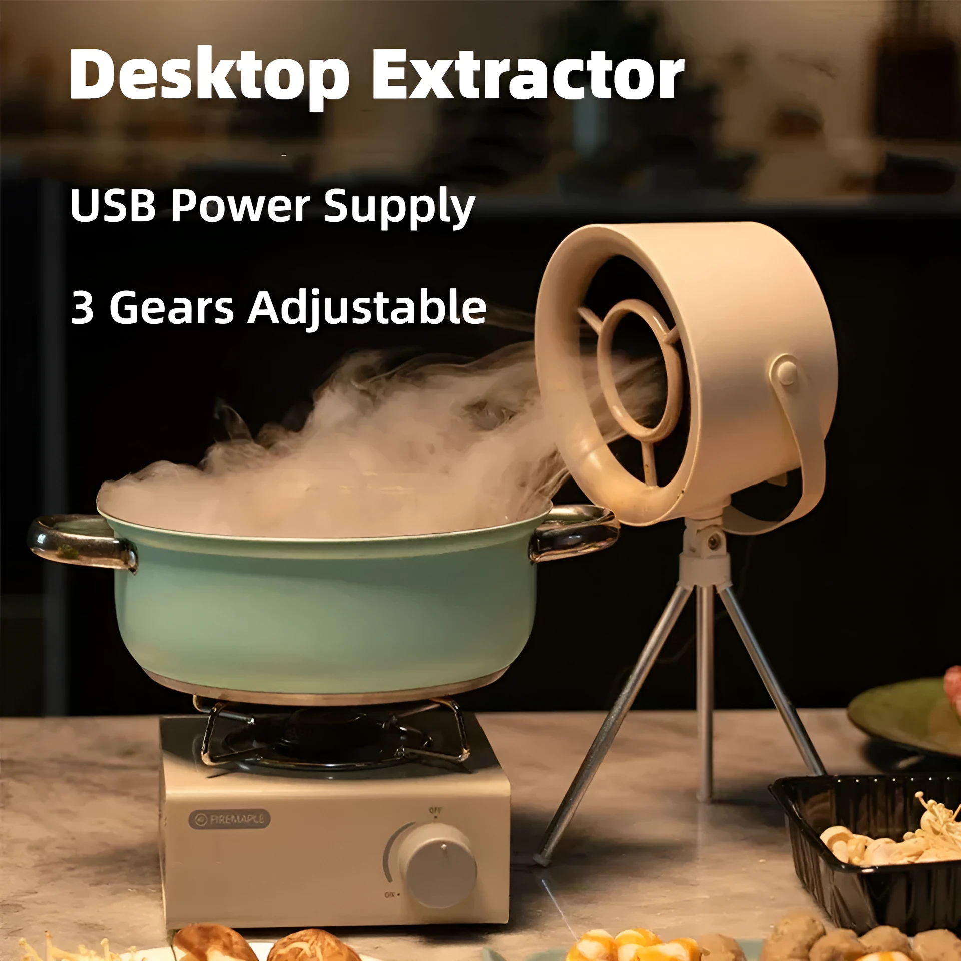 Milk white portable desktop exhaust fan with USB cable and removable filter on a kitchen countertop
