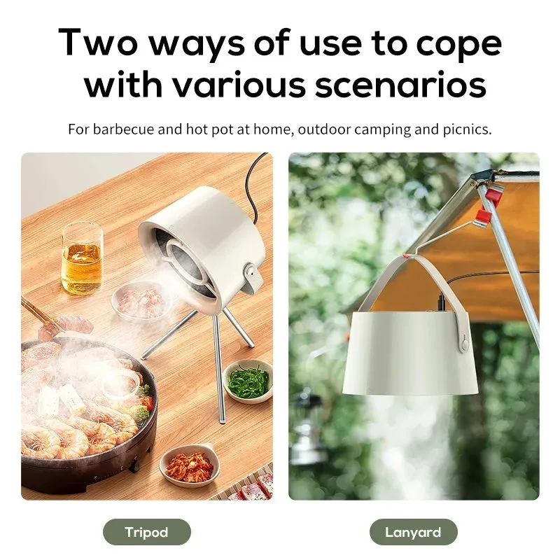 Milk white portable desktop exhaust fan with USB cable and removable filter on a kitchen countertop