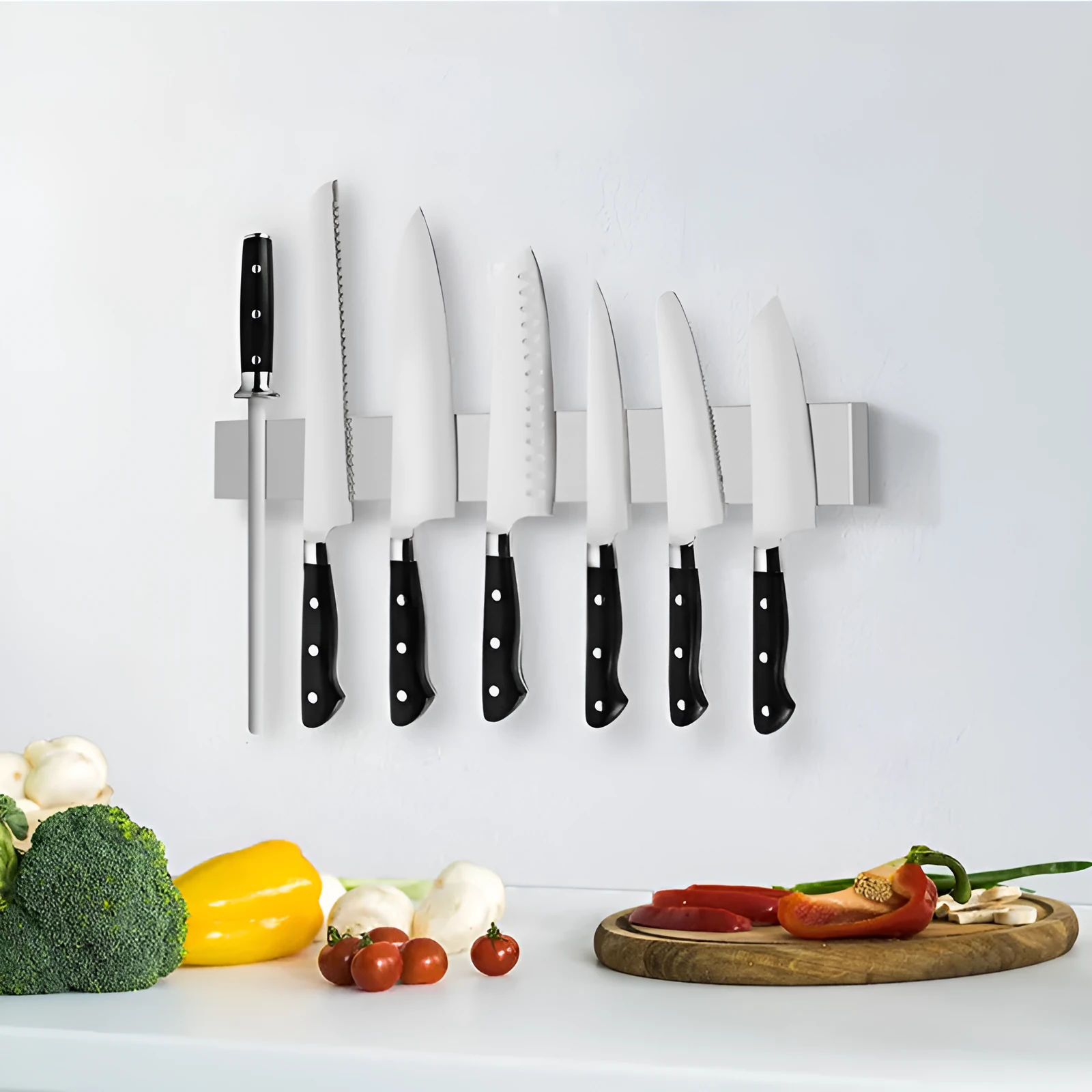 Stainless steel wall mounted magnetic knife storage rack with multiple length options