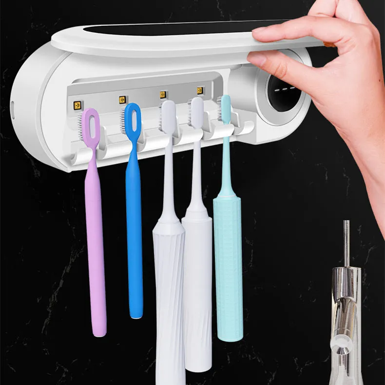 Ivory white wall-mounted UV toothbrush sterilizer holder with digital display showing 360-second timer.