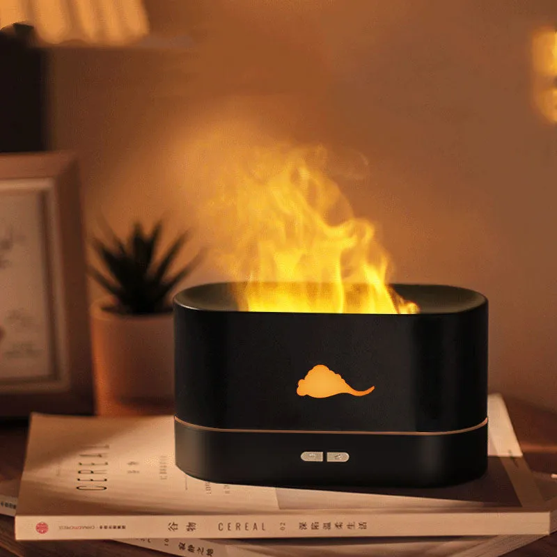 Square white flame effect humidifier with crystal salt stone and USB connection on wooden desk