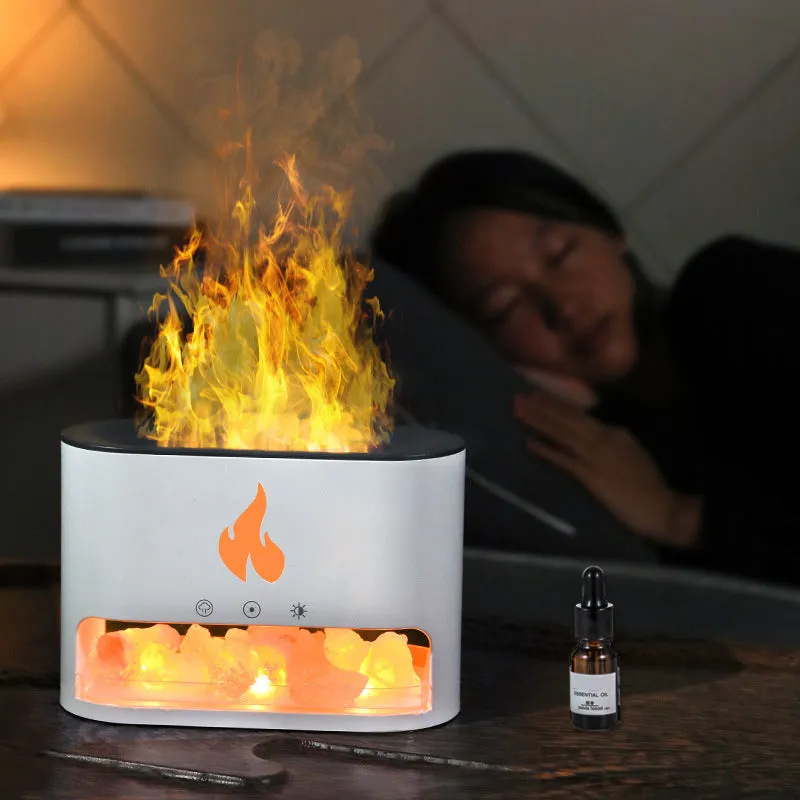 Square white flame effect humidifier with crystal salt stone and USB connection on wooden desk