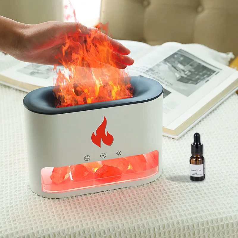 Square white flame effect humidifier with crystal salt stone and USB connection on wooden desk