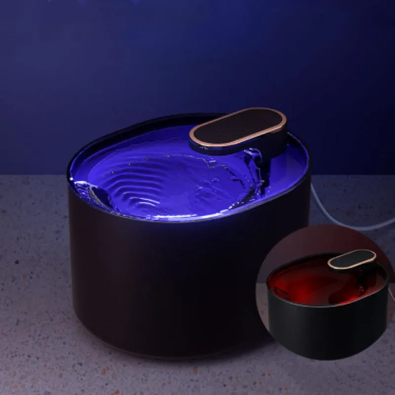 Automatic pet water fountain with USB cable, showing detachable bowl, pump, and filter in Berlin Blue colour.
