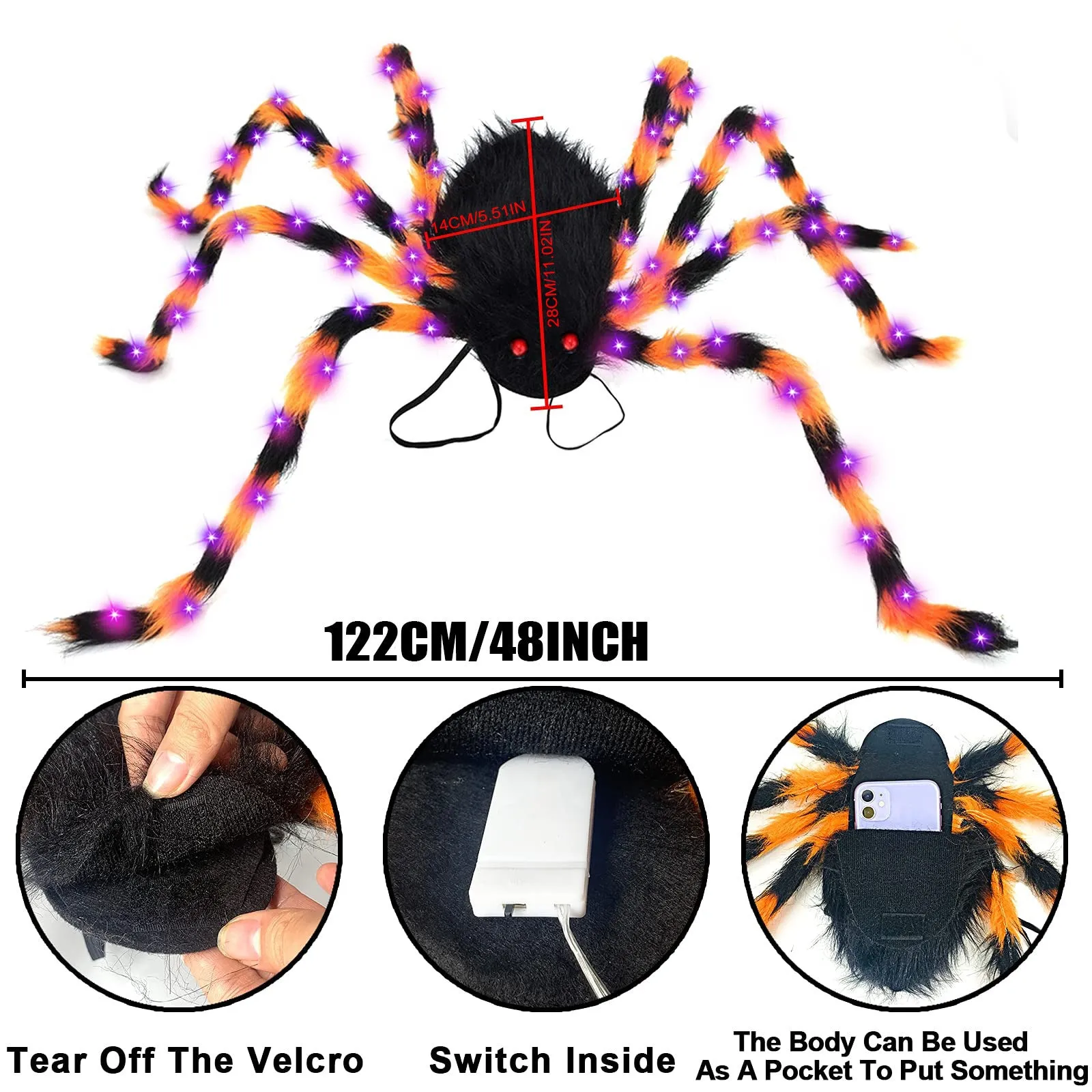Plush Halloween spider backpack with LED lights in green, shown at 125cm length.