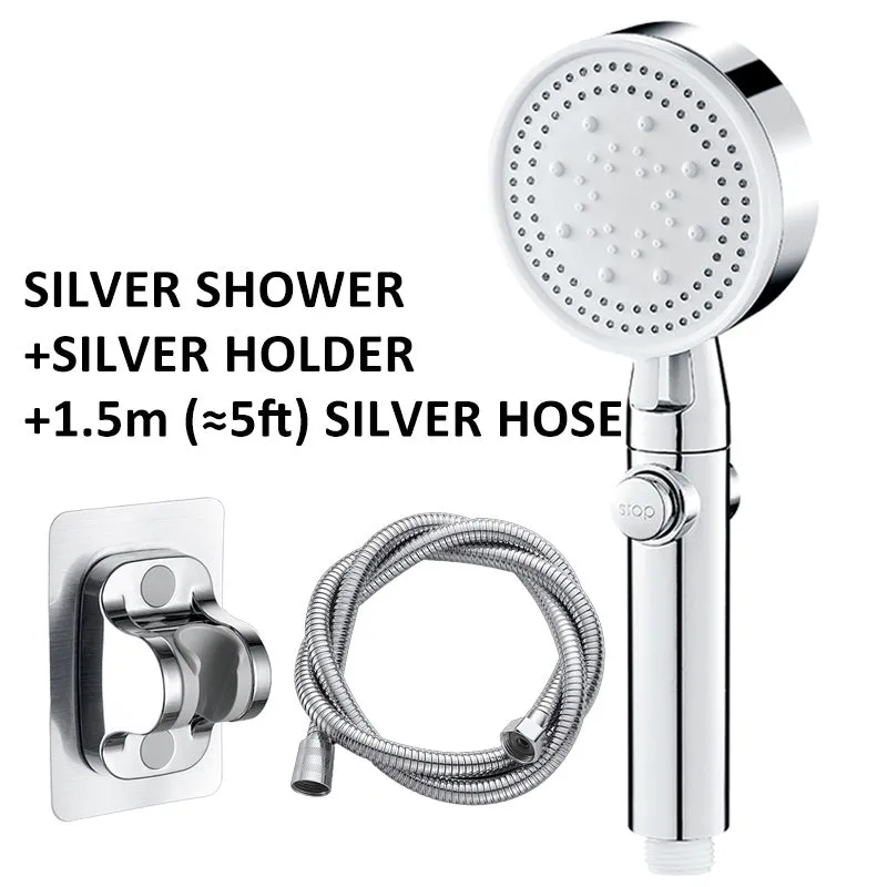 Portable 5-speed pressurised shower head with large water output in modern minimalist design
