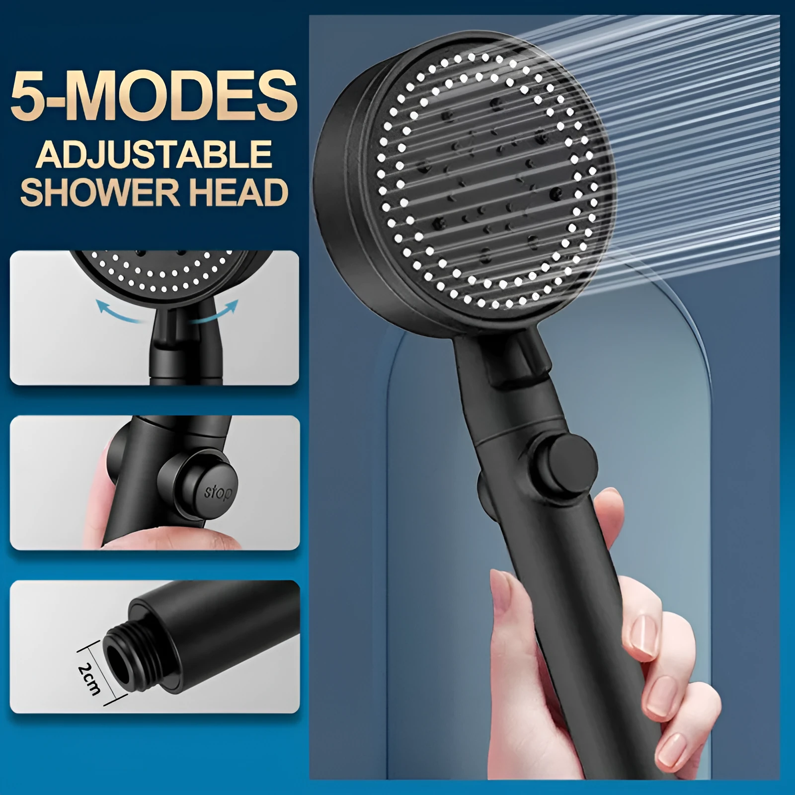 Portable 5-speed pressurised shower head with large water output in modern minimalist design