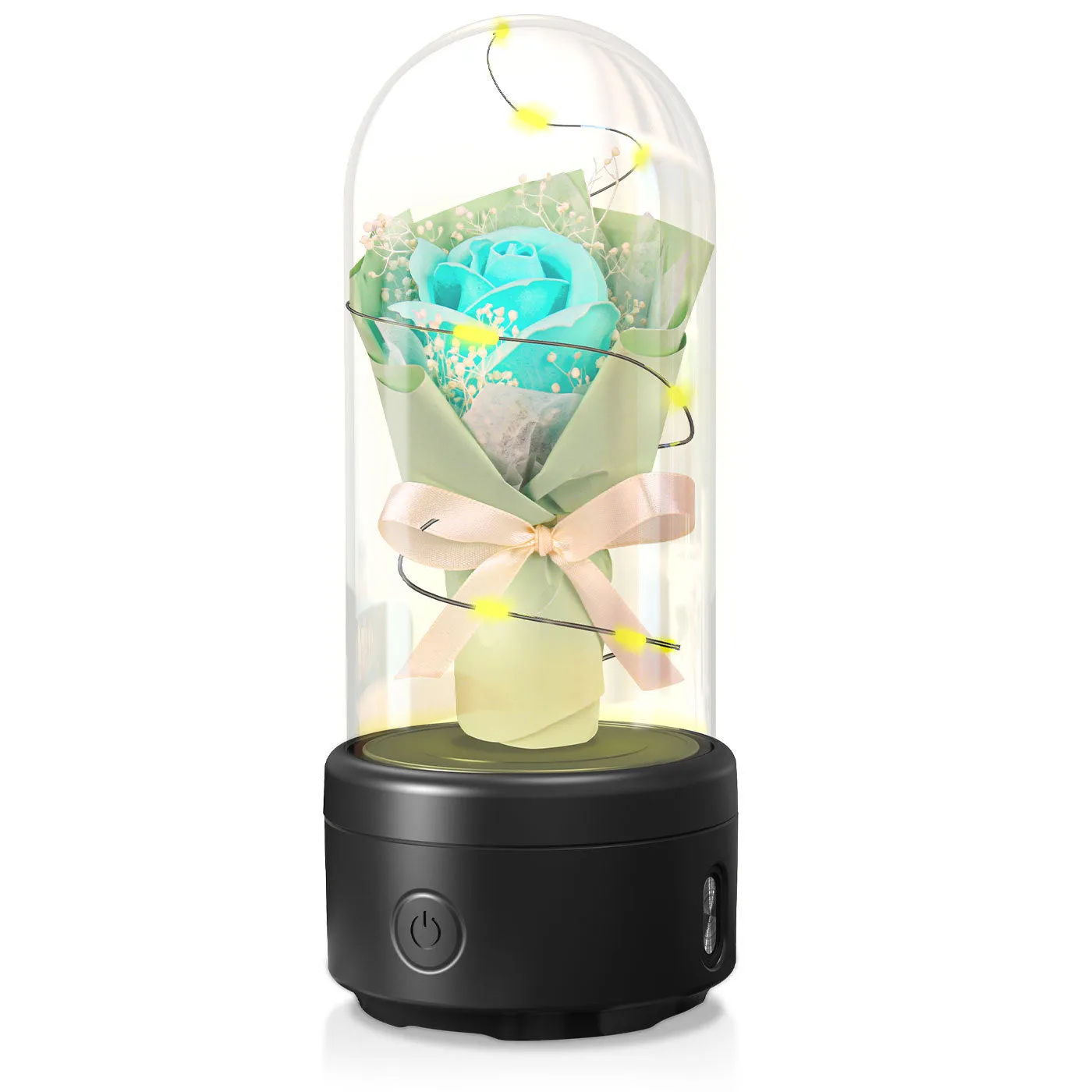 LED floral bouquet night light with Bluetooth speaker in glass cover showing multiple colour options