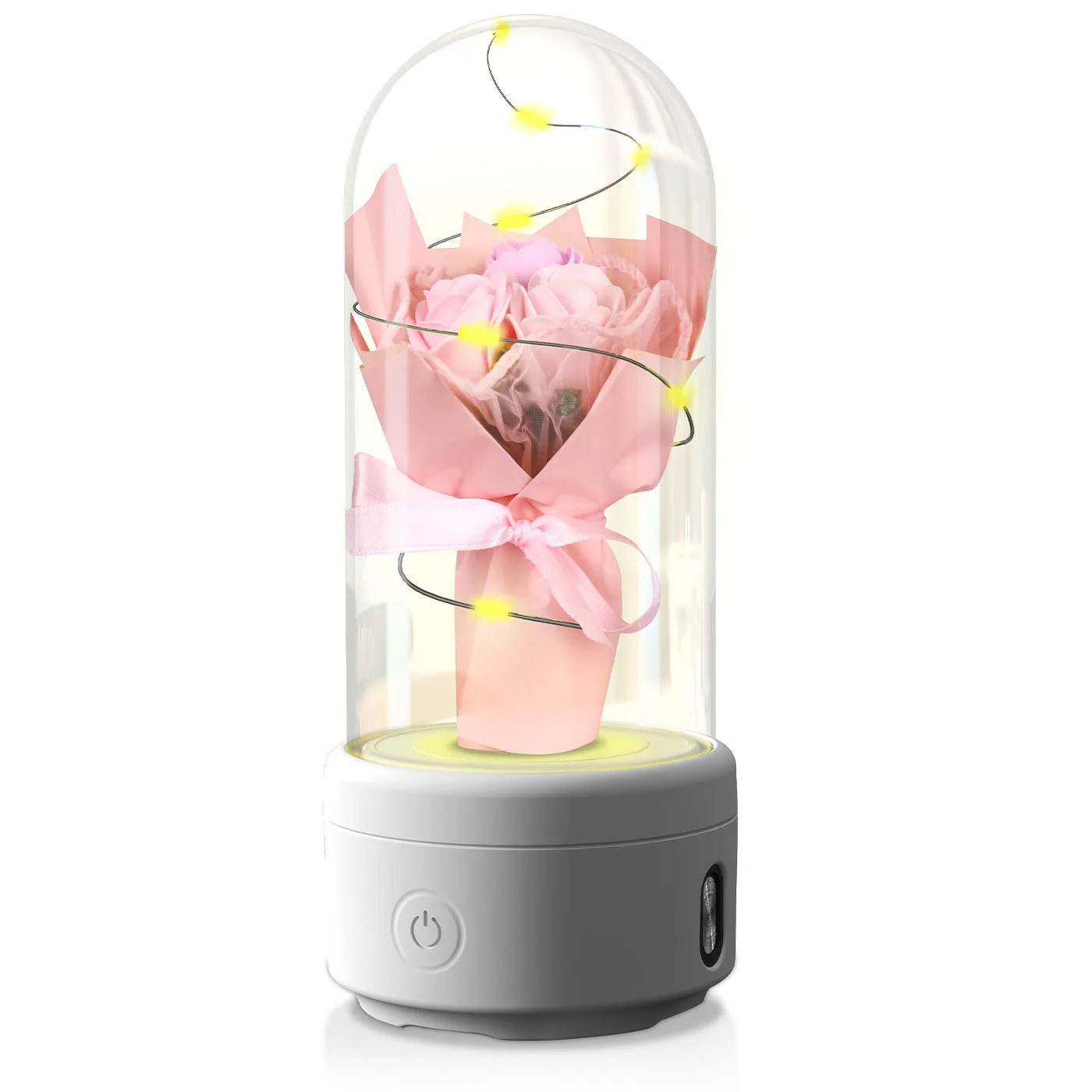 LED floral bouquet night light with Bluetooth speaker in glass cover showing multiple colour options