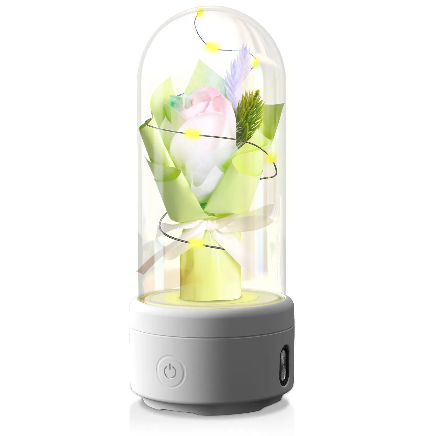 LED floral bouquet night light with Bluetooth speaker in glass cover showing multiple colour options